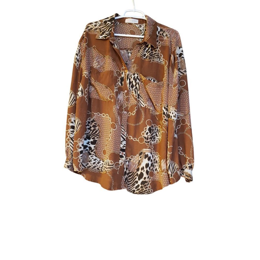 Timing Blouse Womens 1X Sheer Mesh‎ Button Up Chain Animal Print Long Sleeve